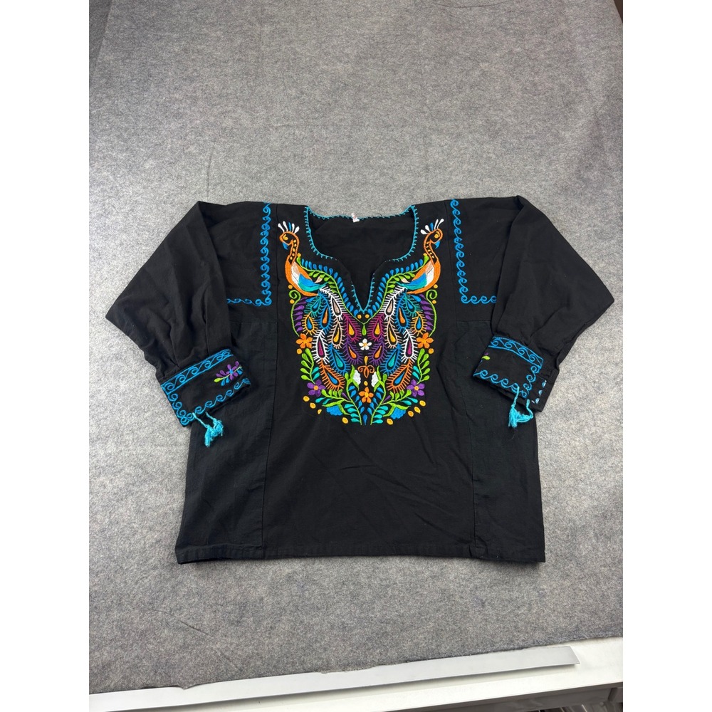 Mexican Peasant Blouse Black Embroidered Peacock Floral Boho Top Small CH